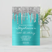 Turquoise Blue en Silver Drip 60th Birthday Kaart (Staand voorkant)