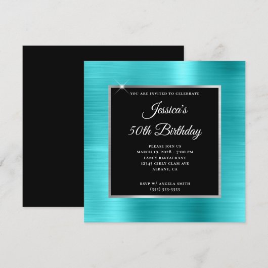 Turquoise Blue en Silver Foil Black 50th Birthday Kaart (Voorkant / Achterkant)