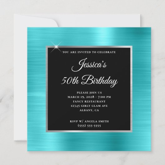 Turquoise Blue en Silver Foil Black 50th Birthday Kaart (Voorkant)
