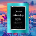 Turquoise Blue en Silver Foil Black 50th Birthday Kaart<br><div class="desc">Creëer uw eigen fancy, stijlvolle, mijlpaalse viering van de viering van 5x7 stijl voor haar. De decoratieve achtergrond is faux heldere aqua blauwe folie, zilveren folie en een solide zwarte rechthoekige bekleding. Beweeg of schrap faux witte spleet grafisch. Pas de witte doopvontstijlen, kleur en grootte aan. De luxe moderne folie...</div>