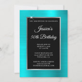 Turquoise Blue en Silver Foil Black 50th Birthday Kaart (Voorkant)