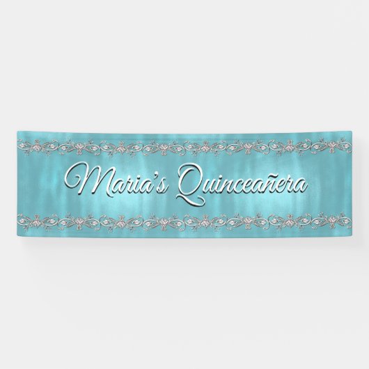 Turquoise Blue en Silver Quinceañera Banner (Horizontaal)