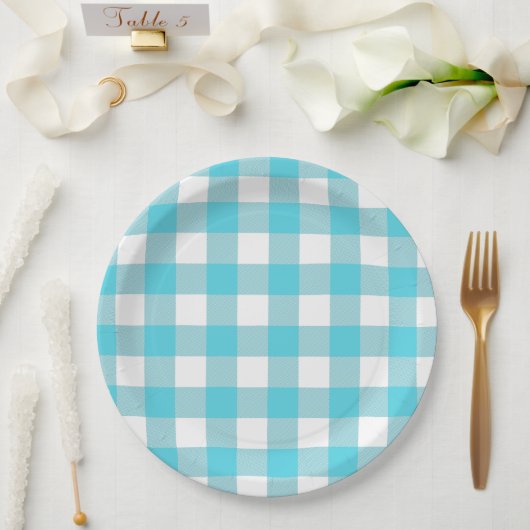 Turquoise Blue en White Gingham Summer Picnic Papieren Bordje (Huwelijk)