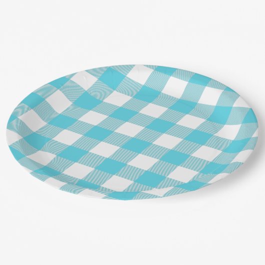 Turquoise Blue en White Gingham Summer Picnic Papieren Bordje (Gekanteld)