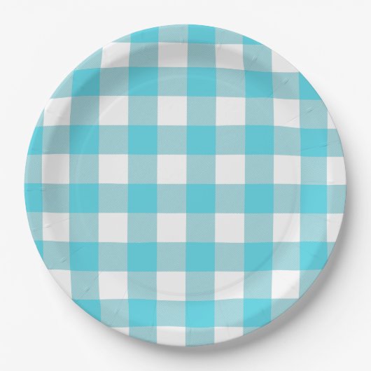 Turquoise Blue en White Gingham Summer Picnic Papieren Bordje (Voorkant)