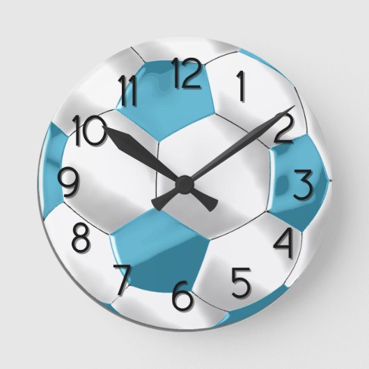 Turquoise Blue en White Voetbal Ronde Klok (Voorkant)