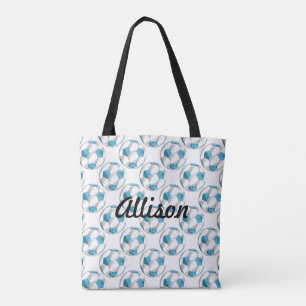 Turquoise Blue en White Voetballen met naam Tote Bag