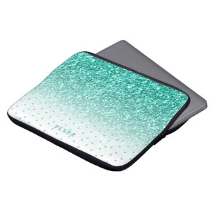 Turquoise-blue faux glitter ombre en stippen patro laptop sleeve