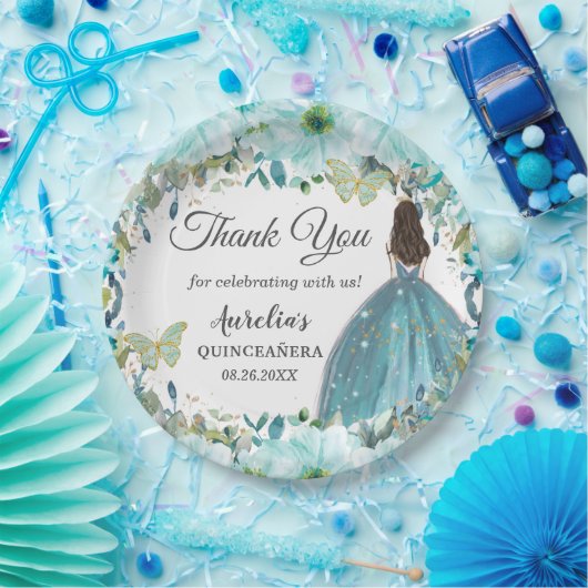 Turquoise Blue Floral Butterflies Gold Princess Papieren Bordje (Feest)