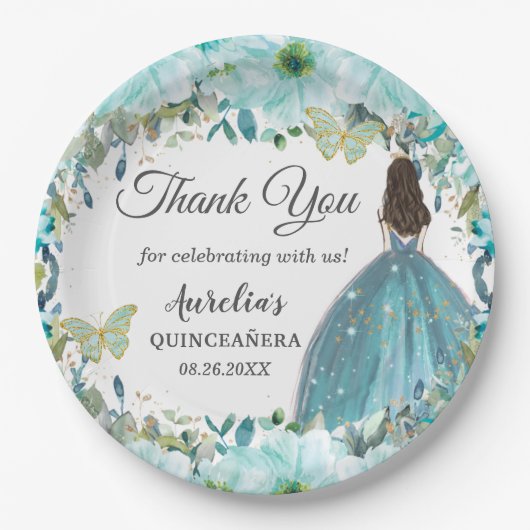 Turquoise Blue Floral Butterflies Gold Princess Papieren Bordje (Voorkant)