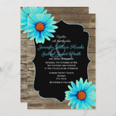 Turquoise Blue floral, chalkboard wood bruiloft Kaart (Voorkant / Achterkant)