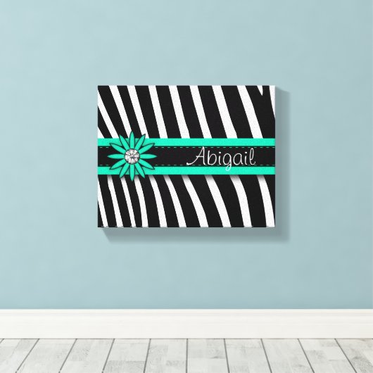 Turquoise Blue Floral Gem & Zebra Pattern Canvas Afdruk (Insitu (Houten vloer))