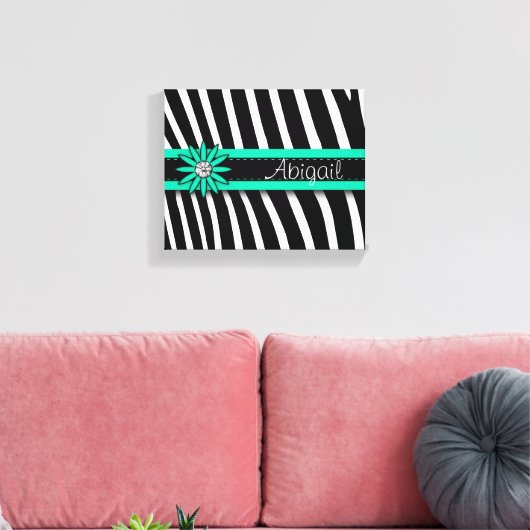 Turquoise Blue Floral Gem & Zebra Pattern Canvas Afdruk (Insitu (Woonkamer))