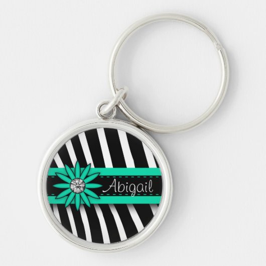 Turquoise Blue Floral Gem & Zebra Pattern Sleutelhanger (Voorkant)