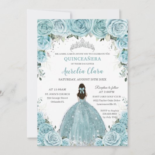Turquoise Blue Floral Princess Silver Quinceañera Kaart (Voorkant)