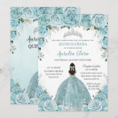 Turquoise Blue Floral Princess Silver Quinceañera Kaart (Voorkant / Achterkant)