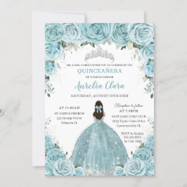 Turquoise Blue Floral Princess Silver Quinceañera Kaart