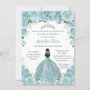 Turquoise Blue Floral Princess Silver Quinceañera Kaart
