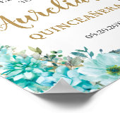 Turquoise Blue Floral Quinceañera Birthday Welkom Poster (Hoek)