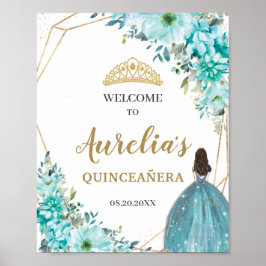 Turquoise Blue Floral Quinceañera Birthday Welkom Poster