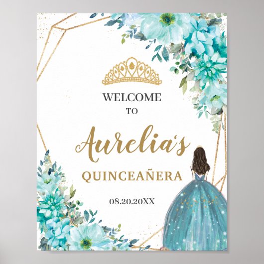 Turquoise Blue Floral Quinceañera Birthday Welkom Poster (Voorkant)