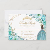 Turquoise Blue Floral Quinceañera Gold Princess RSVP Kaartje (Voorkant)