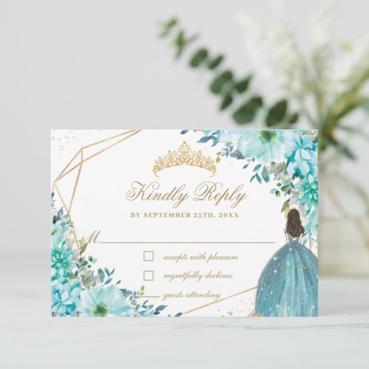 Turquoise Blue Floral Quinceañera Gold Princess RSVP Kaartje (Staand voorkant)