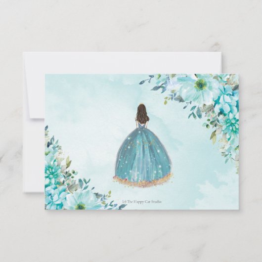 Turquoise Blue Floral Quinceañera Gold Princess RSVP Kaartje (Achterkant)