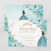 Turquoise Blue Floral Quinceañera Gold Princess RSVP Kaartje (Voorkant / Achterkant)