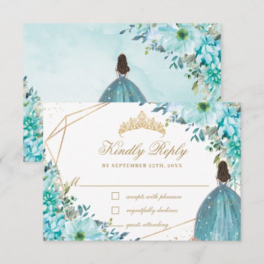 Turquoise Blue Floral Quinceañera Gold Princess RSVP Kaartje (Voorkant / Achterkant)