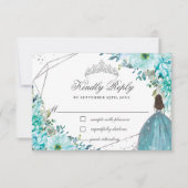Turquoise Blue Floral Quinceañera Silver Princess RSVP Kaartje (Voorkant)