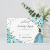 Turquoise Blue Floral Quinceañera Silver Princess RSVP Kaartje (Staand voorkant)