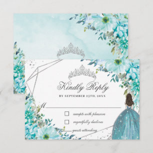 Turquoise Blue Floral Quinceañera Silver Princess RSVP Kaartje