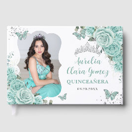 Turquoise Blue Floral Silver Quinceanera 16 Photo Gastenboek