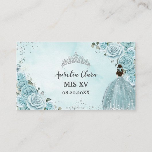 Turquoise Blue Floral Silver Quinceañera Informatiekaartje (Achterkant)