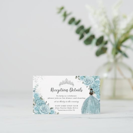 Turquoise Blue Floral Silver Quinceañera Informatiekaartje (Staand voorkant)