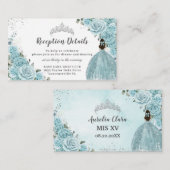 Turquoise Blue Floral Silver Quinceañera Informatiekaartje (Voorkant / Achterkant)