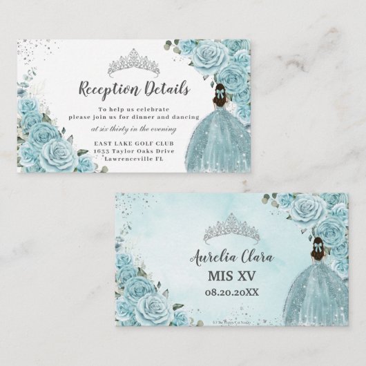 Turquoise Blue Floral Silver Quinceañera Informatiekaartje (Voorkant / Achterkant)