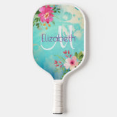 Turquoise Blue Floral Waterverf Modern Monogram Pickleball Paddle (Achterkant)