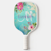 Turquoise Blue Floral Waterverf Modern Monogram Pickleball Paddle (Voorkant)