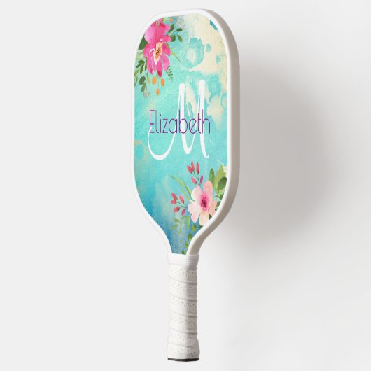 Turquoise Blue Floral Waterverf Modern Monogram Pickleball Paddle (Links)