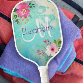 Turquoise Blue Floral Waterverf Modern Monogram Pickleball Paddle