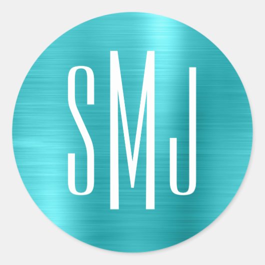 Turquoise Blue Folie Drieletterd Monogram Ronde Sticker (Voorkant)
