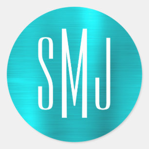Turquoise Blue Folie Drieletterd Monogram Ronde Sticker