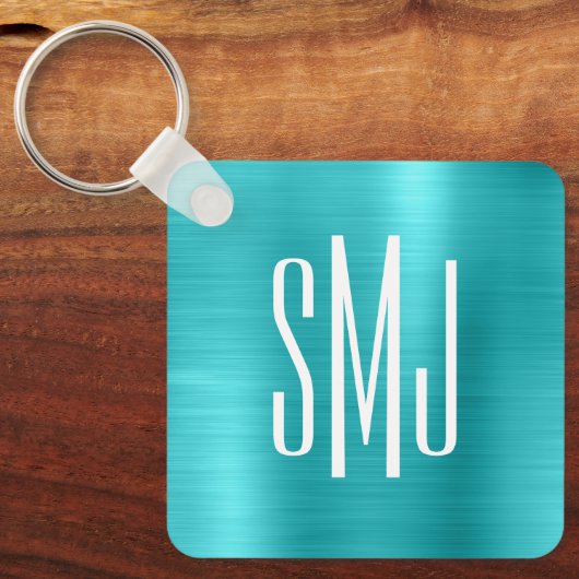 Turquoise Blue Folie Drieletterd Monogram Sleutelhanger (Voorkant)