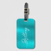 Turquoise Blue Folie Modern Brush Script First Nam Bagagelabel (Voorkant (verticaal))