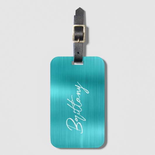 Turquoise Blue Folie Modern Brush Script First Nam Bagagelabel (Voorkant (verticaal))