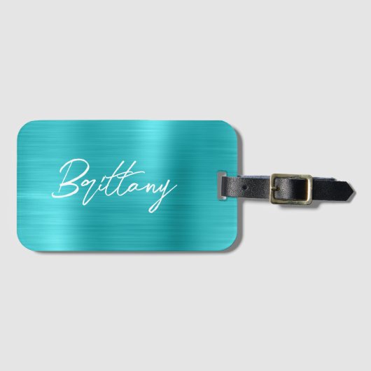 Turquoise Blue Folie Modern Brush Script First Nam Bagagelabel (Voorkant (horizontaal))