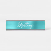 Turquoise Blue Folie Modern Brush Script First Nam Bureau Naambordje (Voorkant)