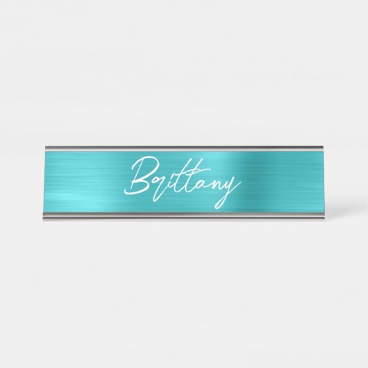 Turquoise Blue Folie Modern Brush Script First Nam Bureau Naambordje (Voorkant)